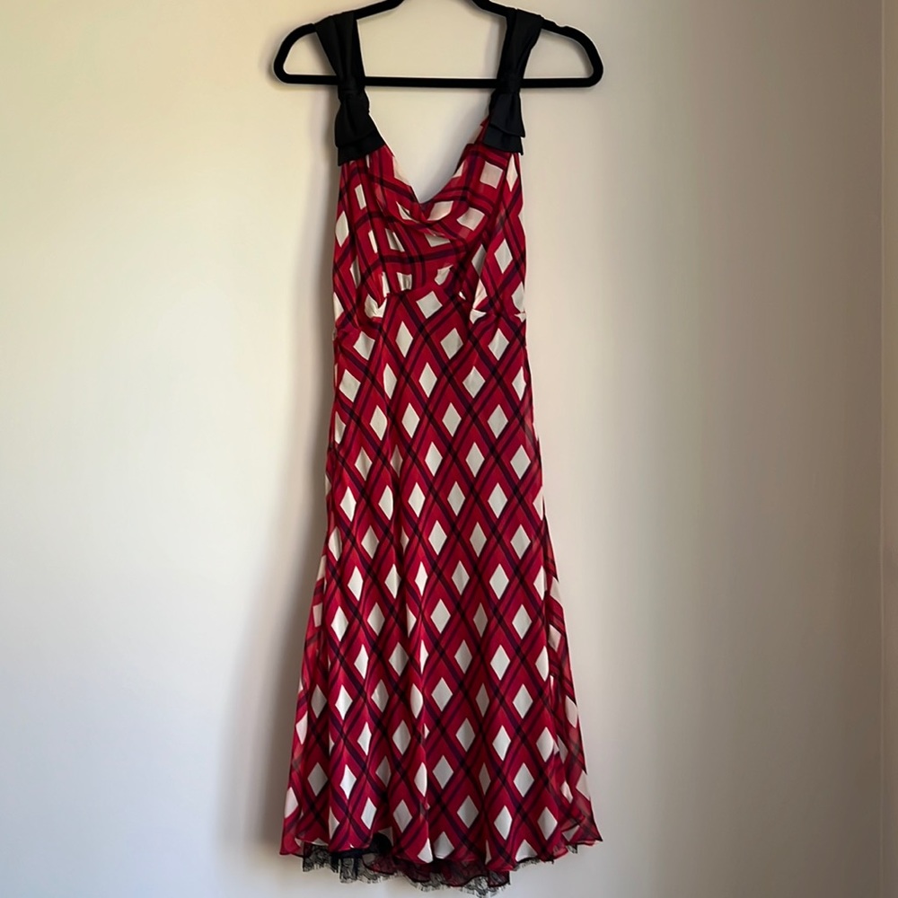 Diane Von Furstenberg, size 12, never worn, silk, midi, red/navy/cream/black